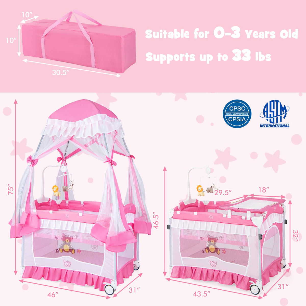 4 in 1 Pack and Play with Canopy, Portable Playard with Bassinet M92222