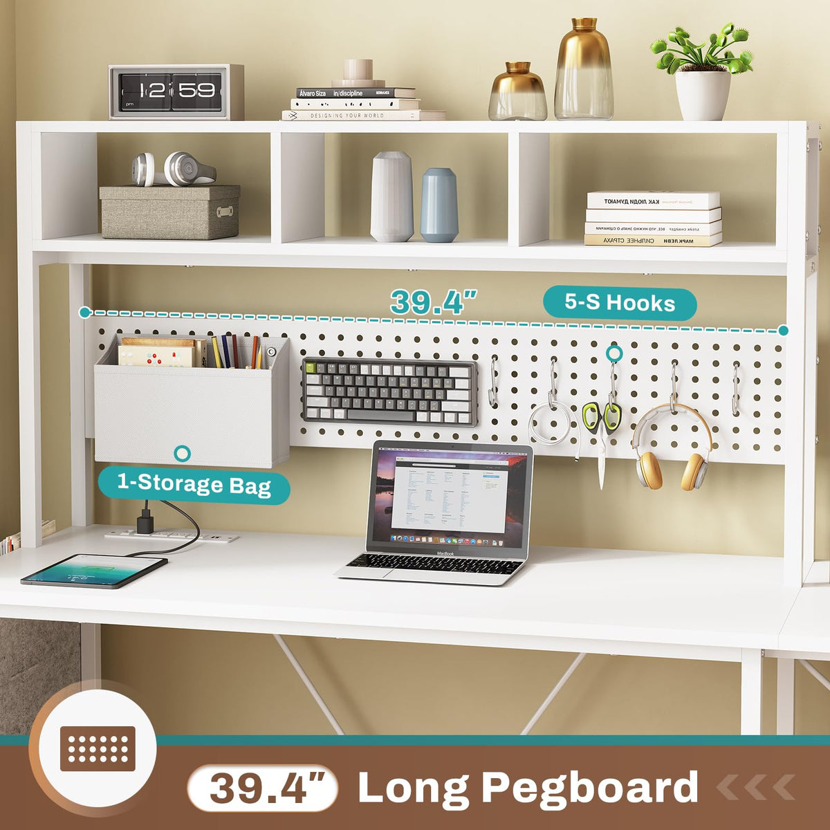 White L Shaped Office Desk with Power Outlet and Storage Shelves S22573