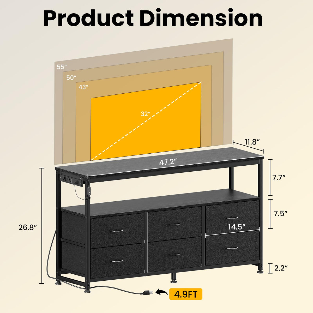 Black Dresser TV Stand with 6 Fabric Drawers Y592689