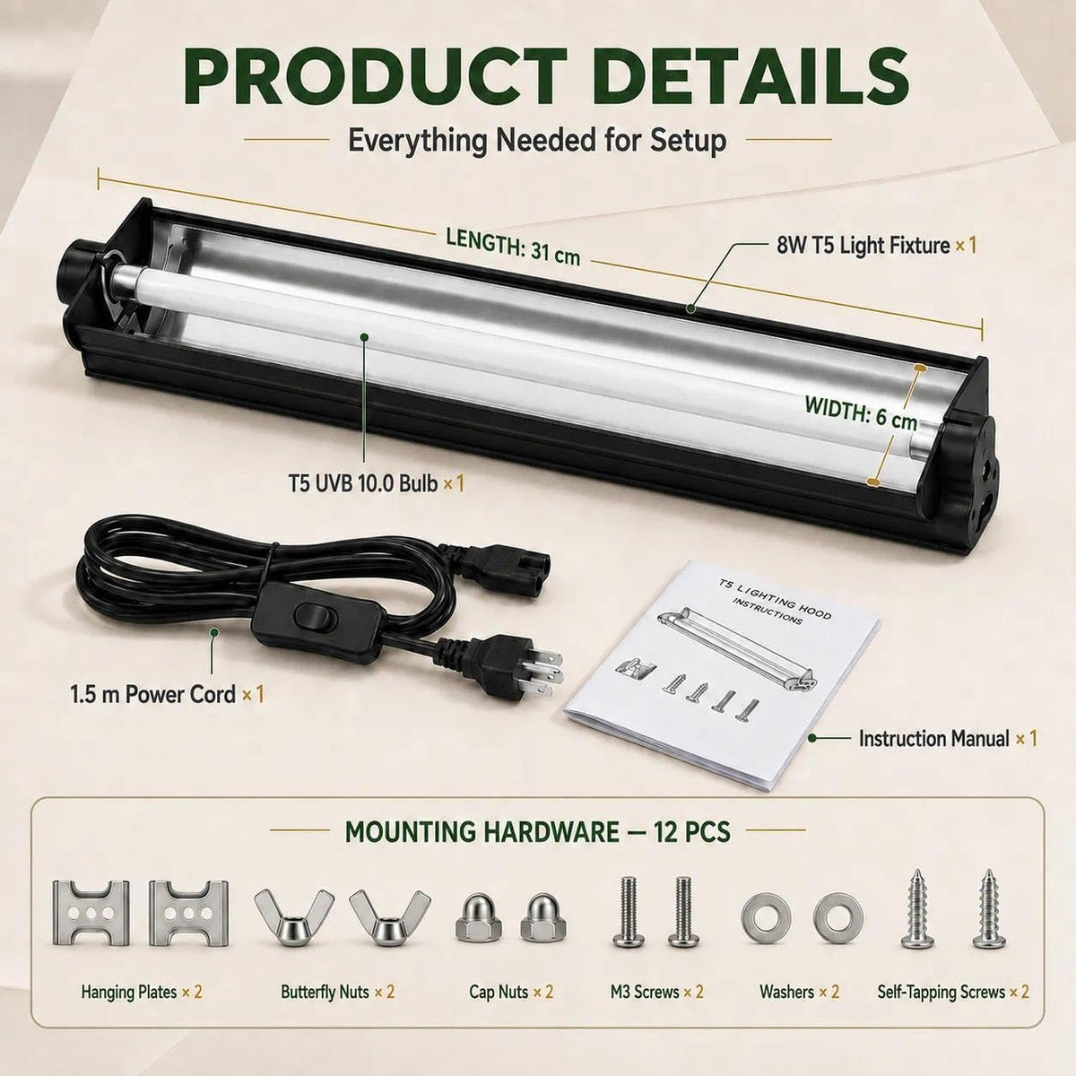 8W 10.0 12 Inch T5 UVB Reptile Light Fixture with Bulb C65838