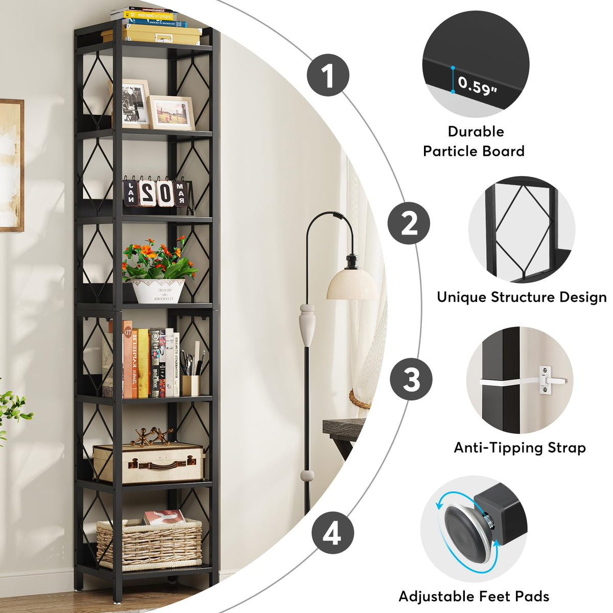 78.7 Inch Tall Skinny Narrow Black Bookshelf Bookcase R10002