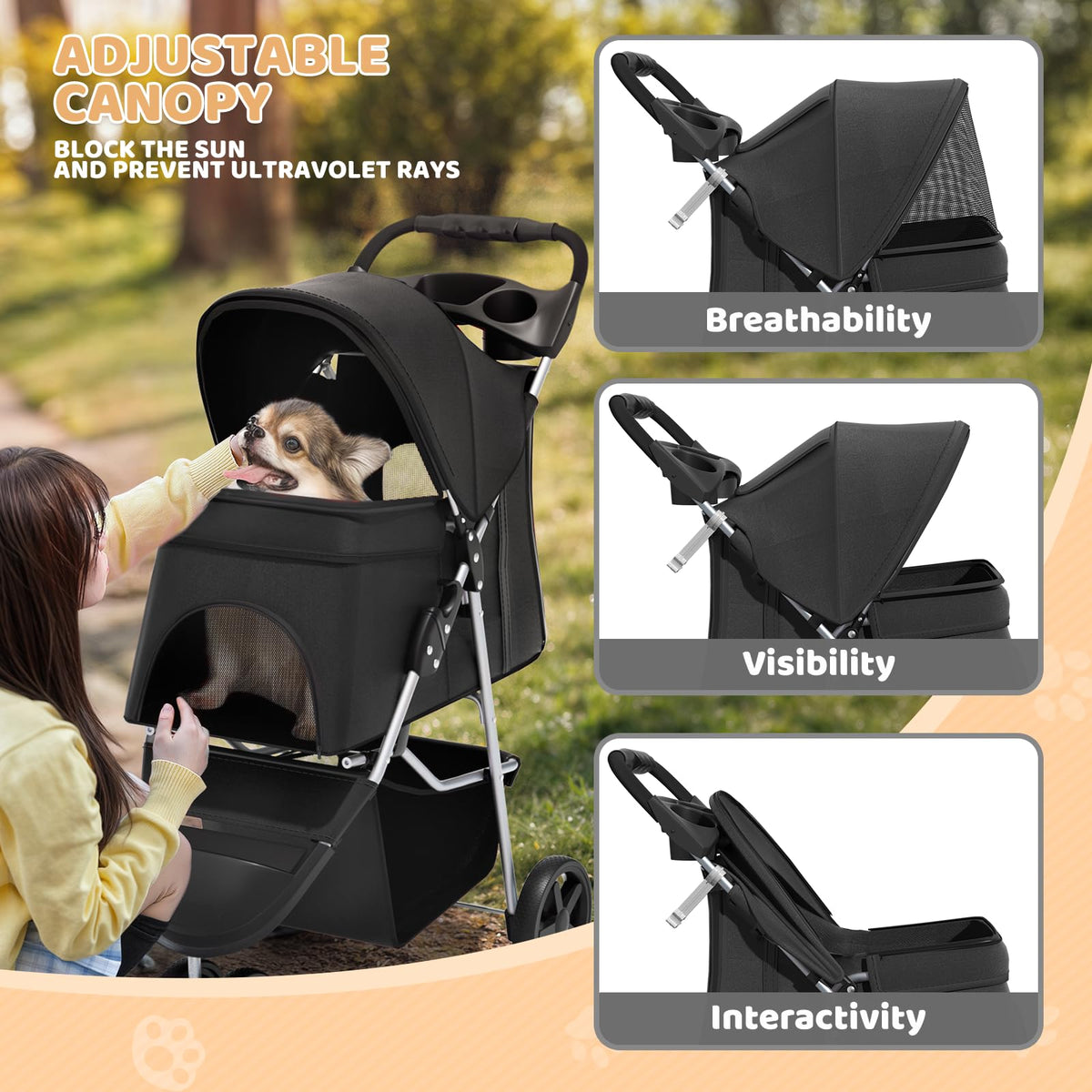 3-Wheel Pet Stroller for Small/Medium Dog Cat, Up to 33lbs, Black G3580