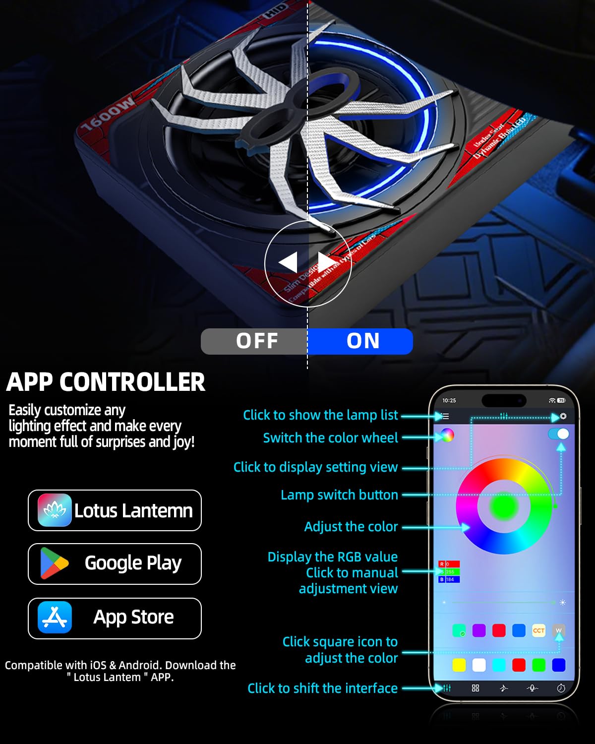 1600W Slim Underseat Car Subwoofer and Amp with RGB Light M507