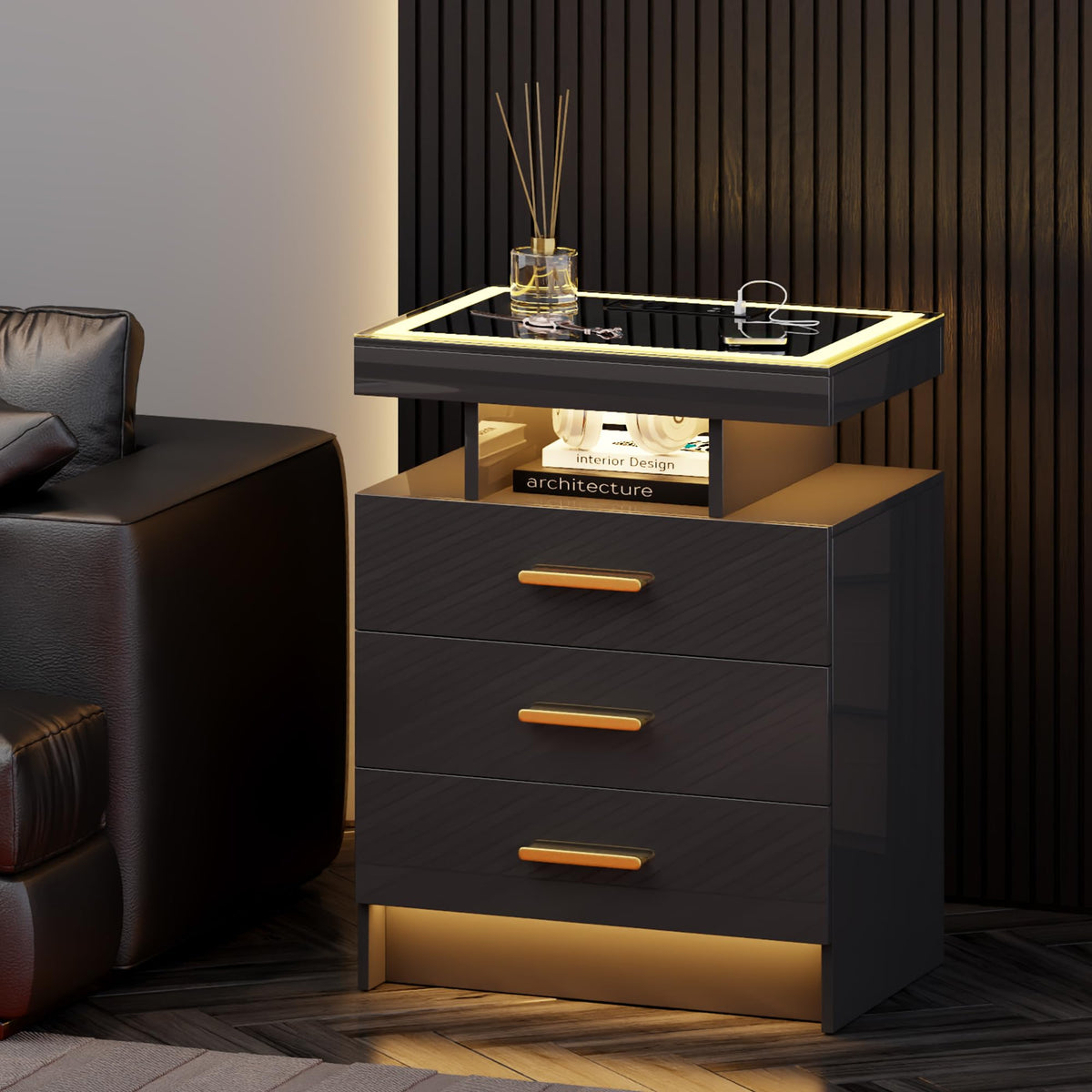 Black 3 Drawer LED Nightstand with Charging Station Z928492