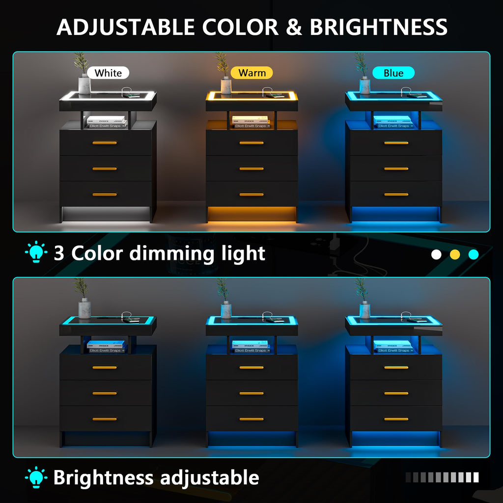 Black 3 Drawer LED Nightstand with Charging Station Z928492