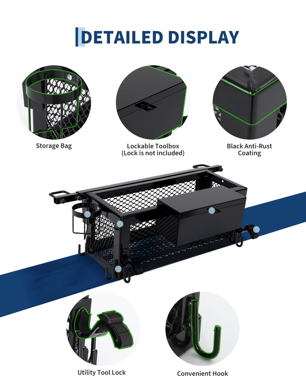 Heavy Duty Tractor Tool Box, 24x10x10 Inch Lockable Basket Attachment with Hooks and Ratchet Strap E6618