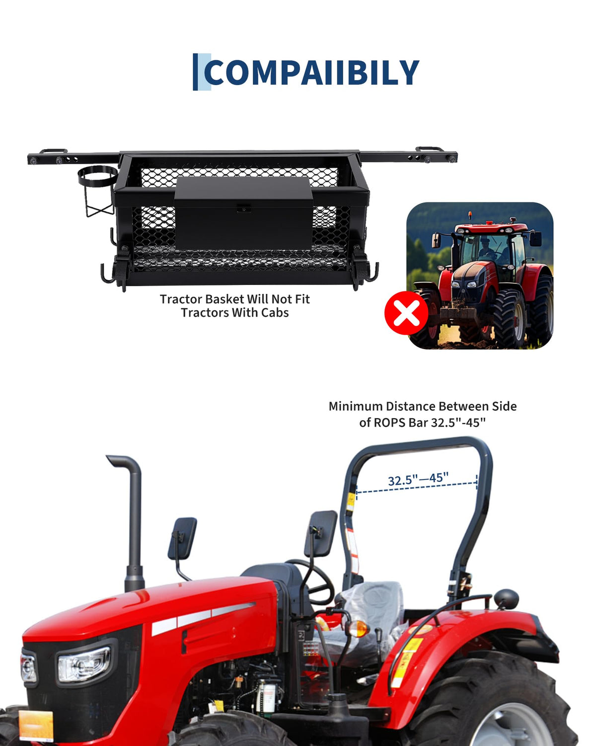 Heavy Duty Tractor Tool Box, 24x10x10 Inch Lockable Basket Attachment with Hooks and Ratchet Strap E6618
