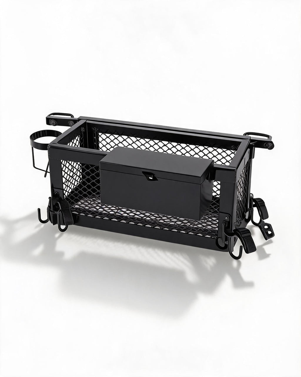 Heavy Duty Tractor Tool Box, 24x10x10 Inch Lockable Basket Attachment with Hooks and Ratchet Strap E6618
