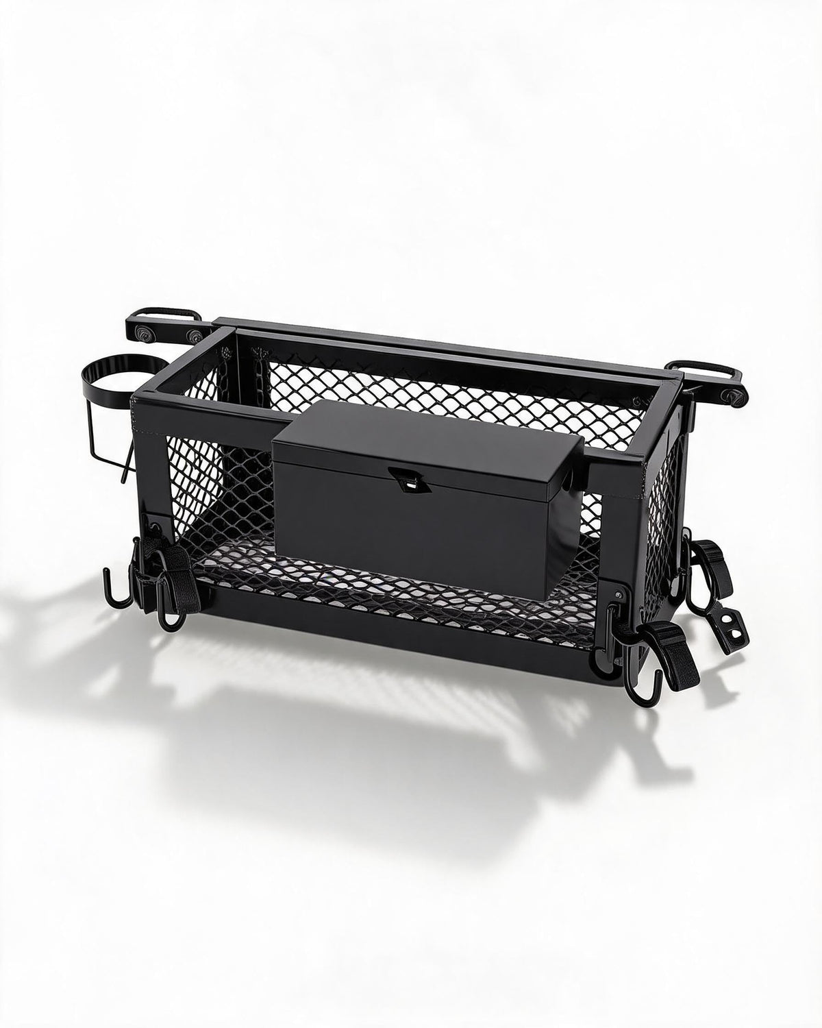 Heavy Duty Tractor Tool Box, 24x10x10 Inch Lockable Basket Attachment with Hooks and Ratchet Strap E6618
