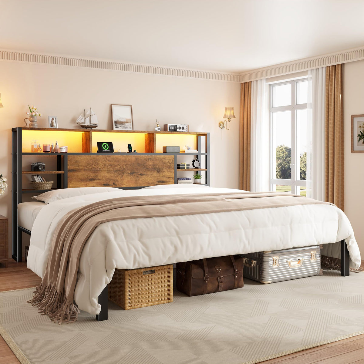 King Bed Frame with Storage Headboard and Charging Station F93628