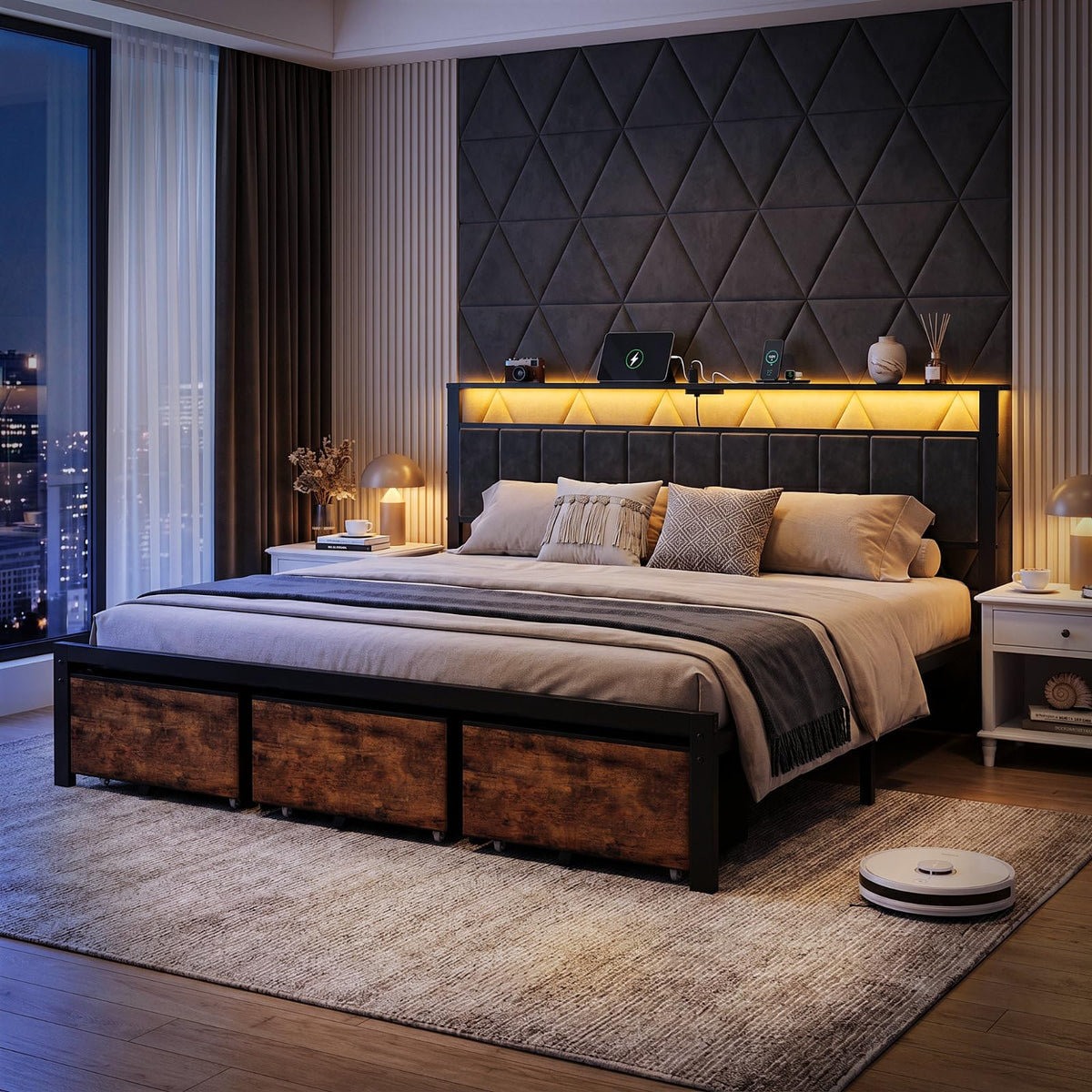 King Size Bed Frame with Storage Headboard and 3 Drawers M922