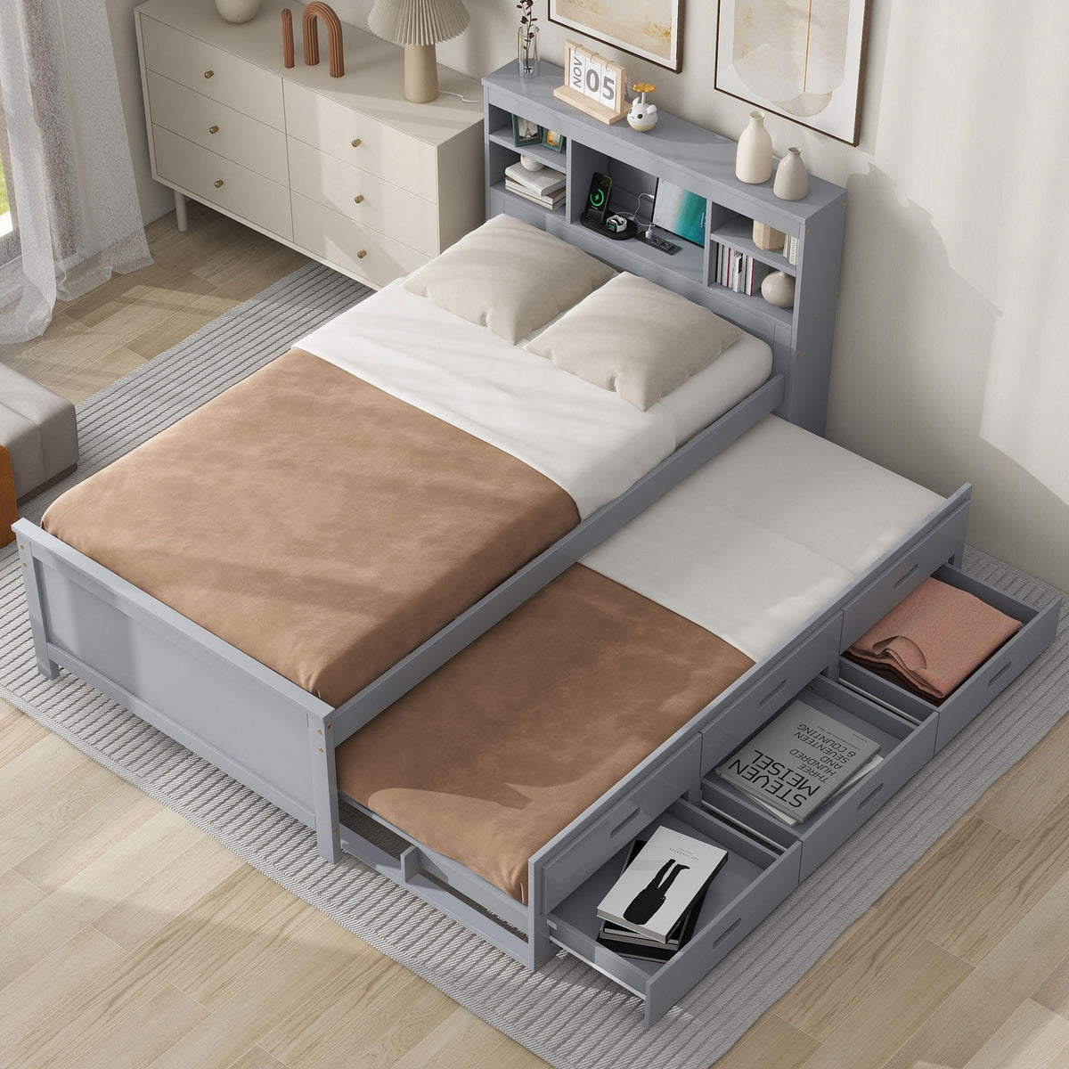 Twin Size Wood Platform Bed with Trundle and 3 Drawers D332550