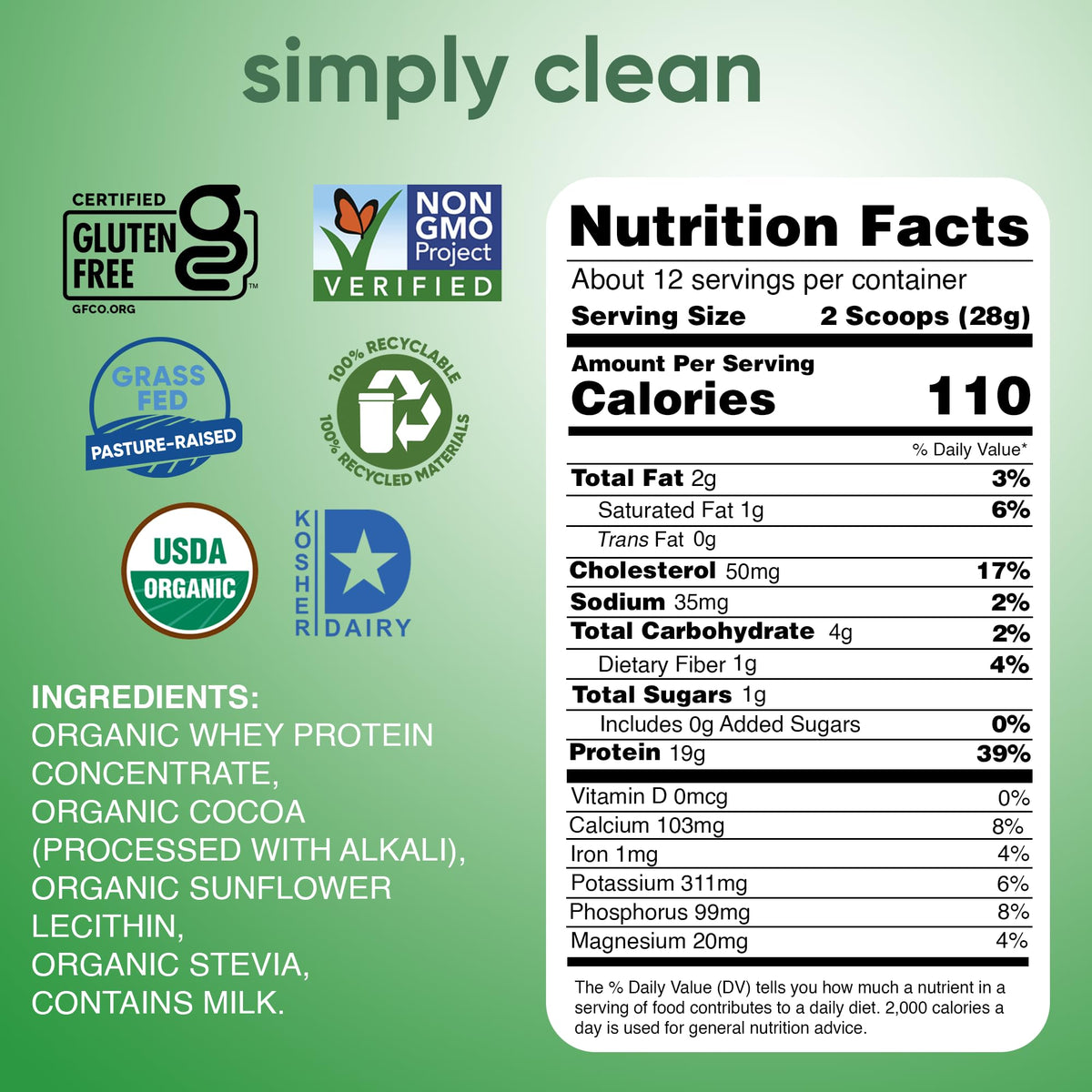 Organic Whey Protein Powder Dark Chocolate 12 Oz K78010