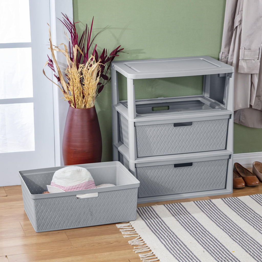3 Drawer Plastic Storage Tower with Removable Bins, Gray, 2 Pack S523