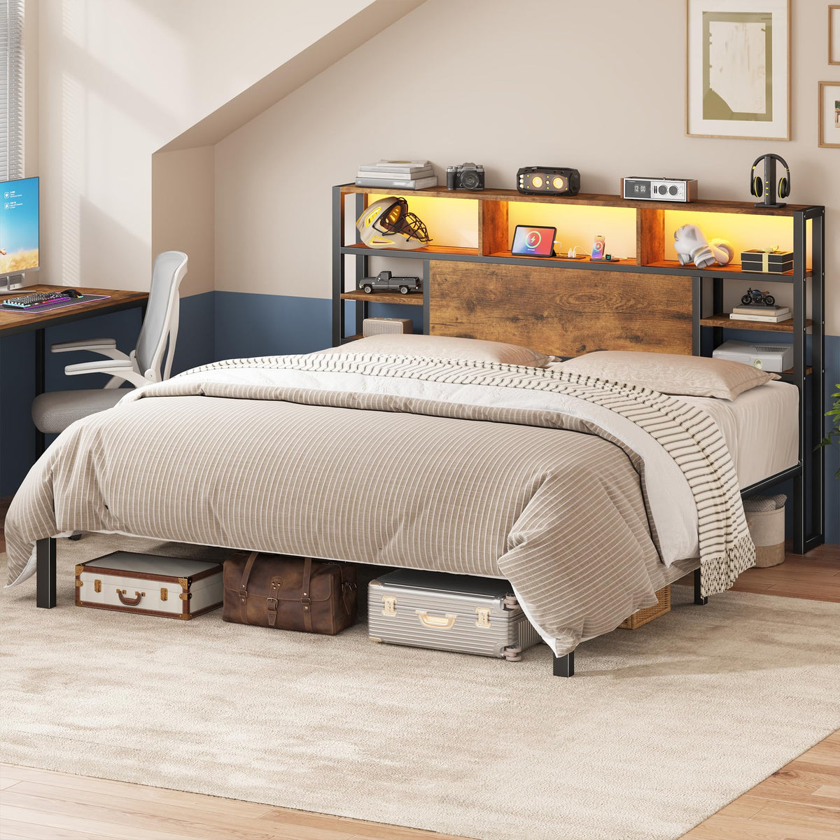 King Bed Frame with Storage Headboard and Charging Station F93628