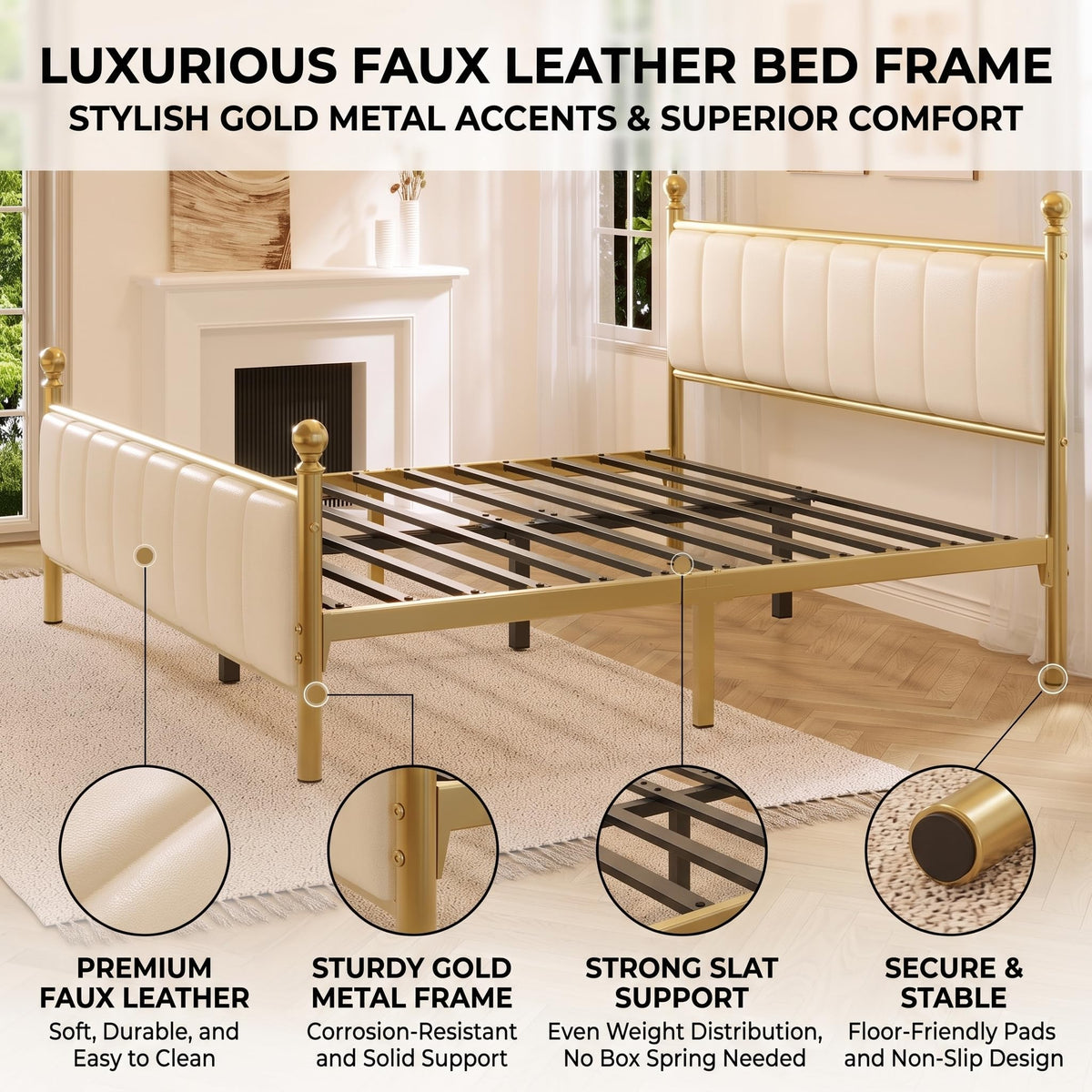 Gold Full Size Bed Frame with Headboard and Under Bed Storage V283618