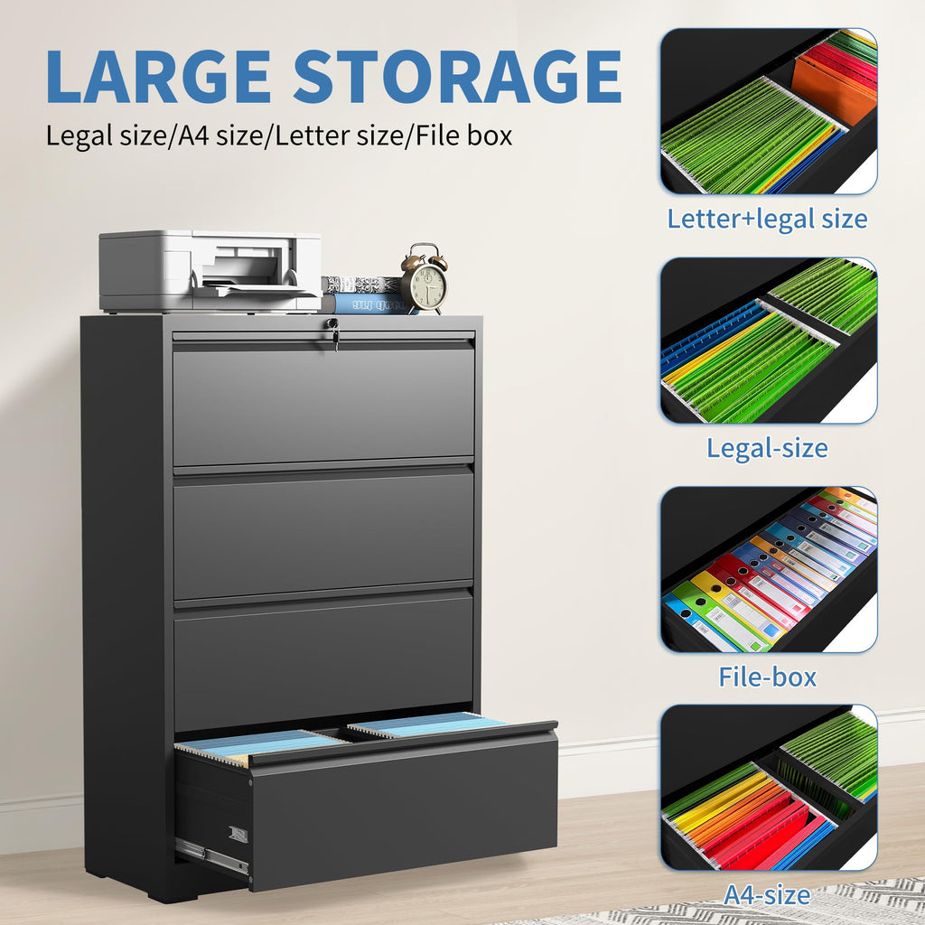 Black 4 Drawer Metal Lateral File Cabinet with Lock Y930956