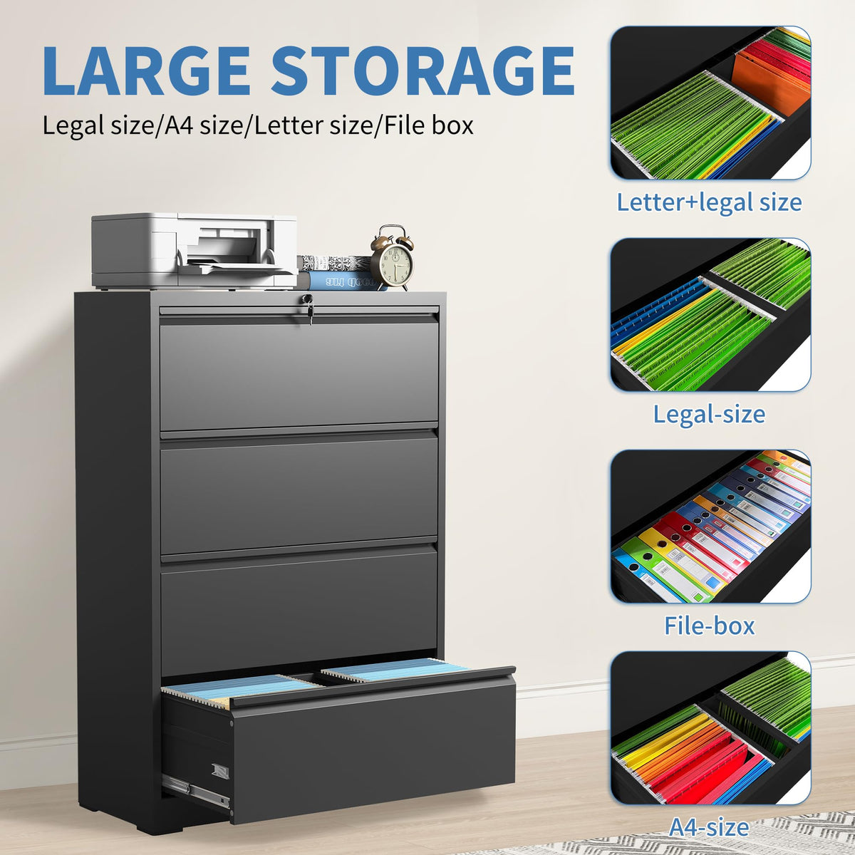 Black 4 Drawer Metal Lateral File Cabinet with Lock Y930956