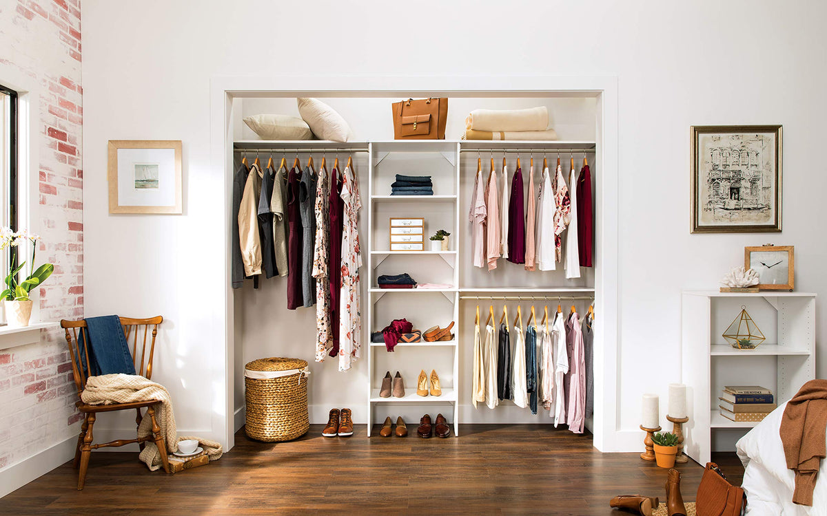 Wood Closet Organizer System with Tower and 3 Hang Rods and Shelving L9096