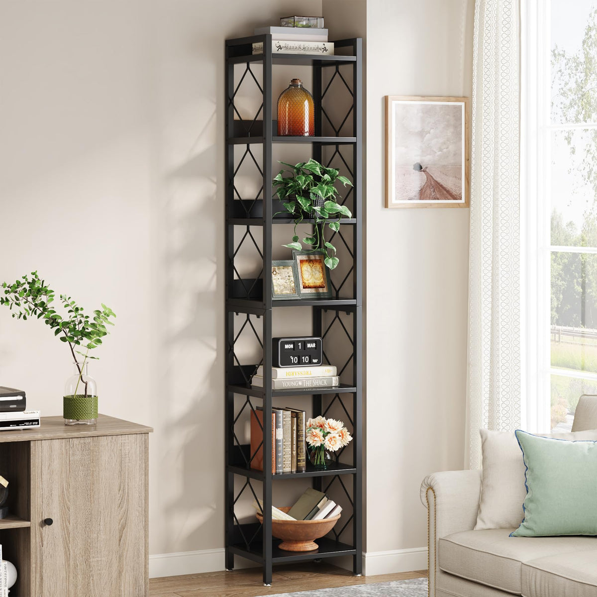 78.7 Inch Tall Skinny Narrow Black Bookshelf Bookcase R10002