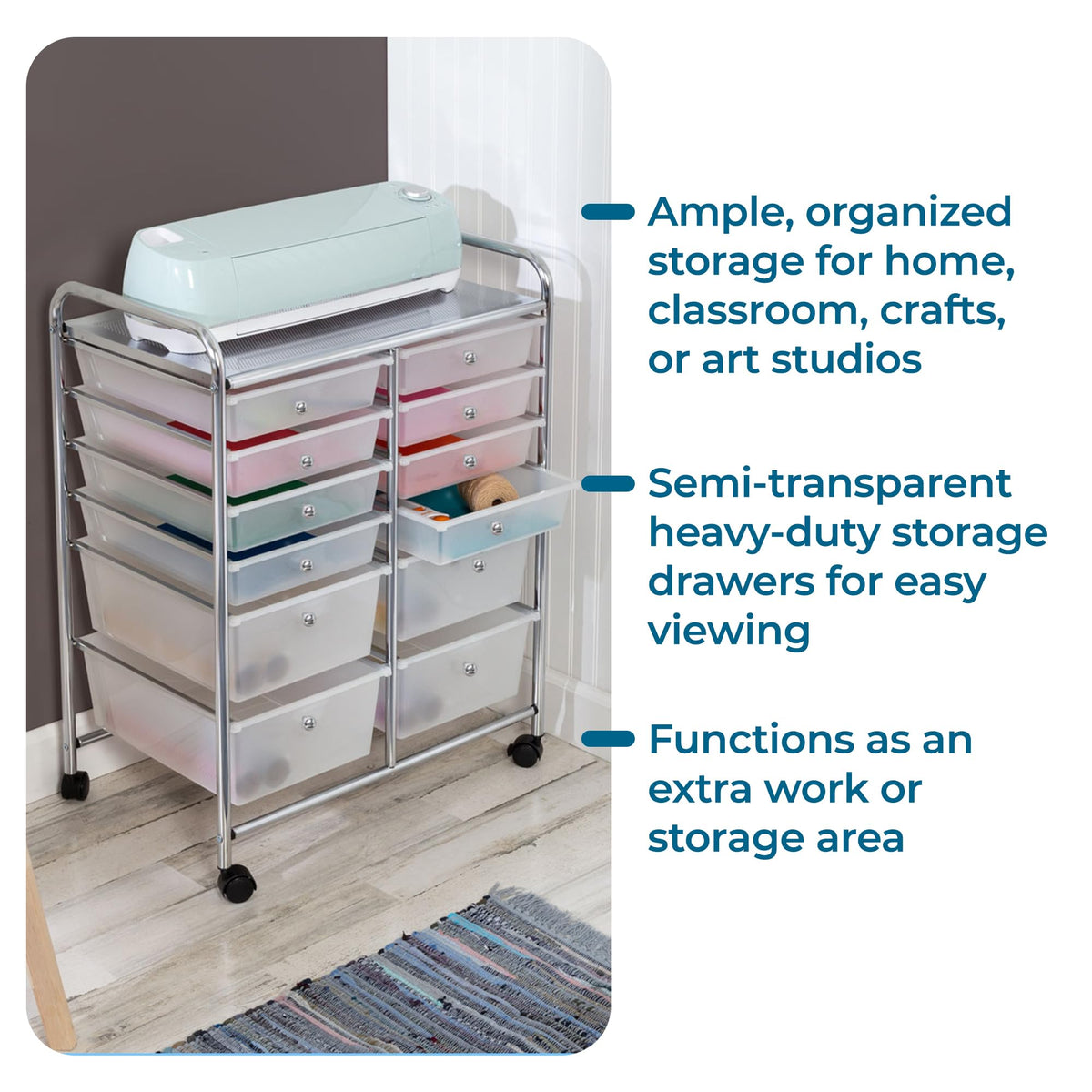 Rolling Craft Storage Cart, Clear, 12-Drawer H49824