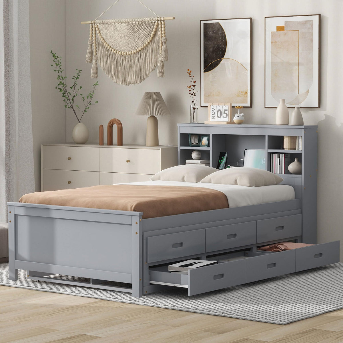 Twin Size Wood Platform Bed with Trundle and 3 Drawers D332550