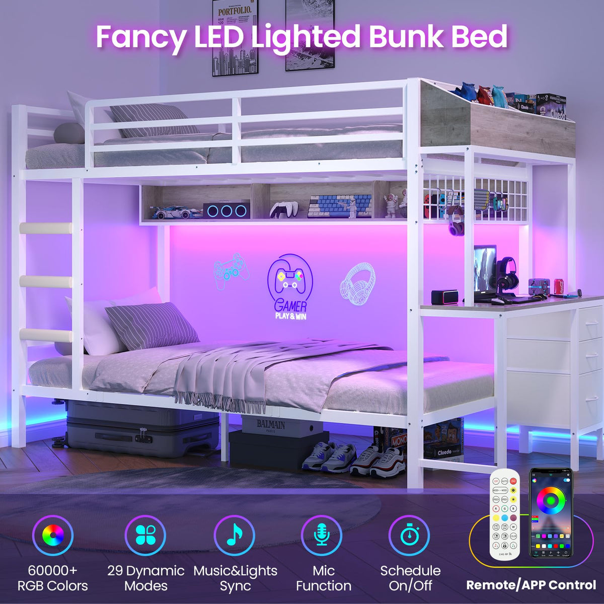 White Twin Over Twin Metal Bunk Bed with Desk and 3 Storage Drawers I130