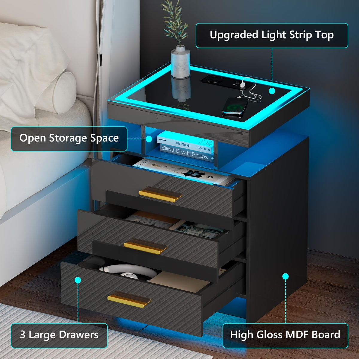 Black 3 Drawer LED Nightstand with Charging Station Z928492