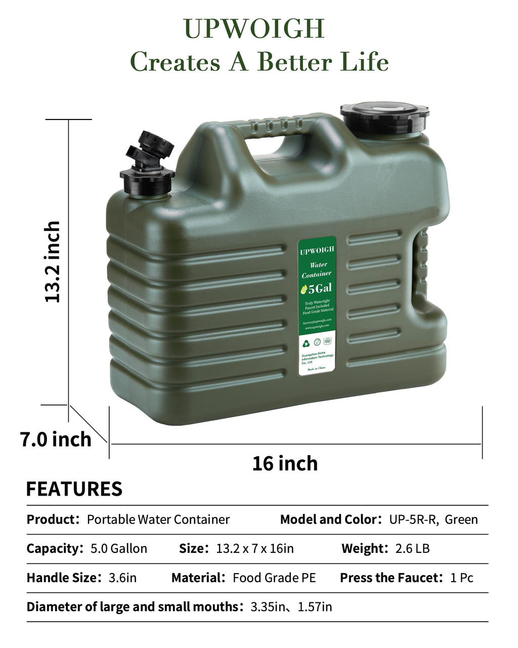 5 Gallon Camping Water Jug with Spigot, Military Green, 2 Pack Q611