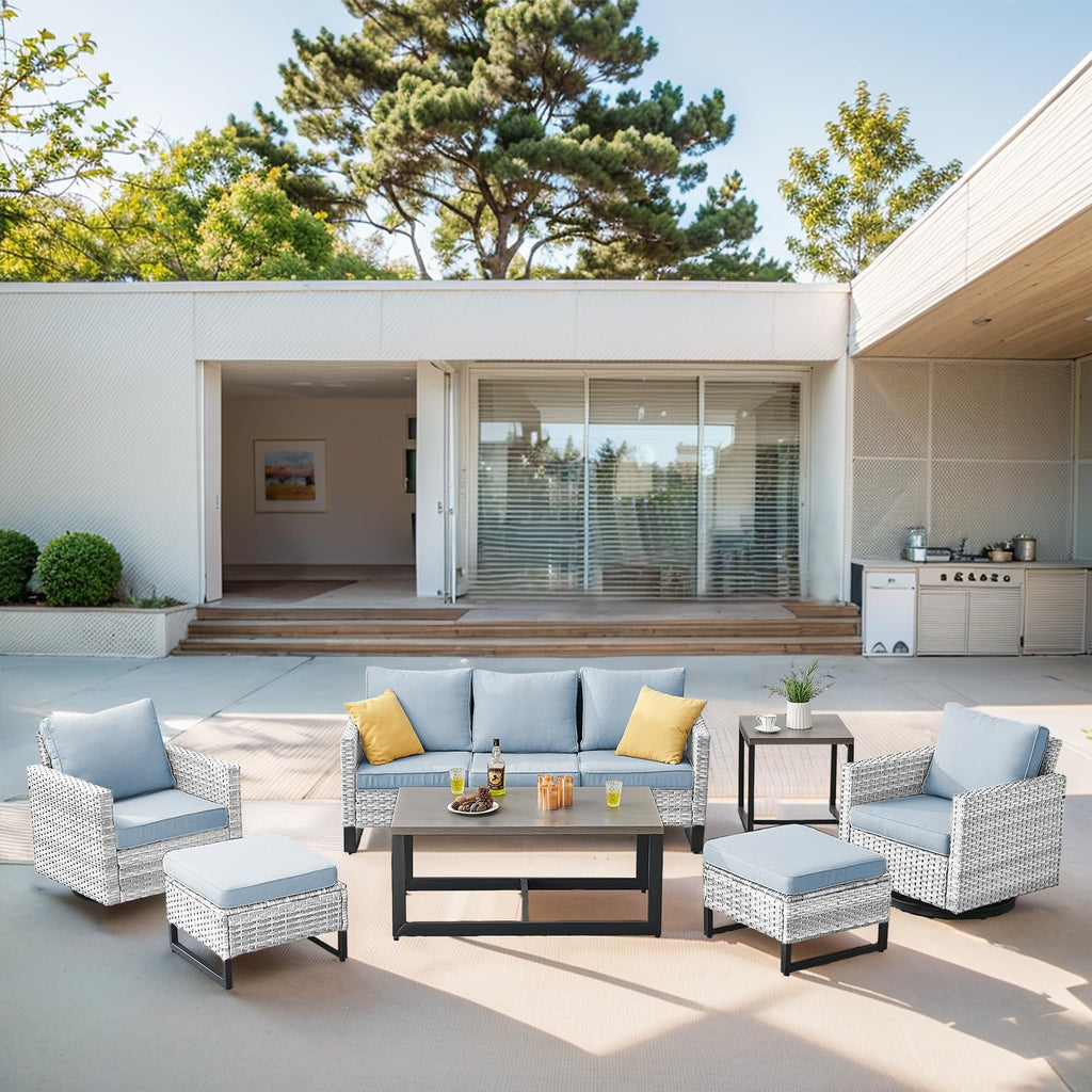7 Piece Wicker Patio Sofa Set with Swivel Rocker Chairs and Ottomans H755