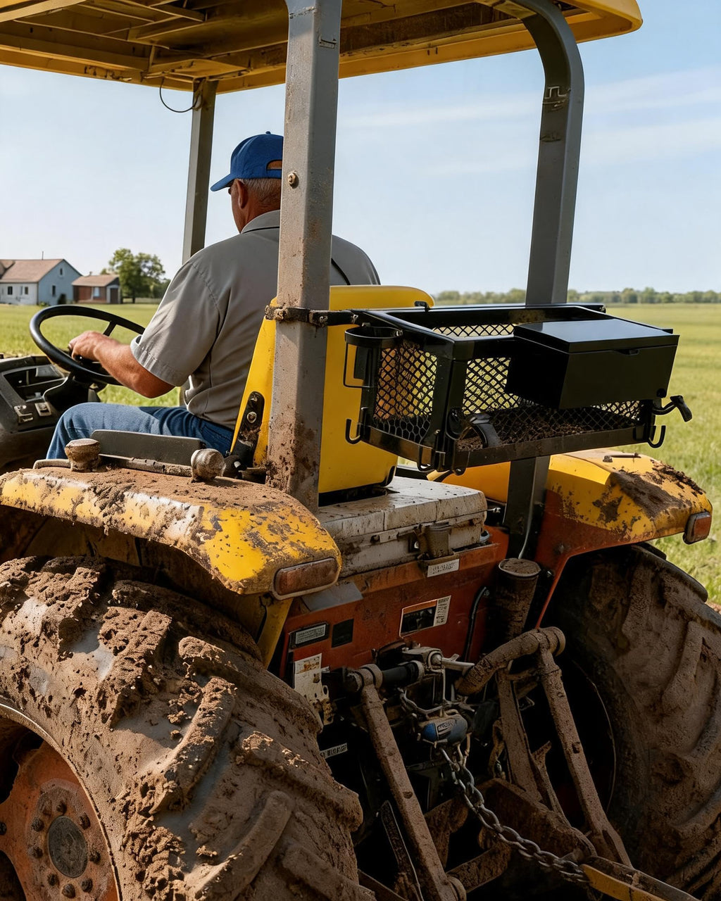 Heavy Duty Tractor Tool Box, 24x10x10 Inch Lockable Basket Attachment with Hooks and Ratchet Strap E6618