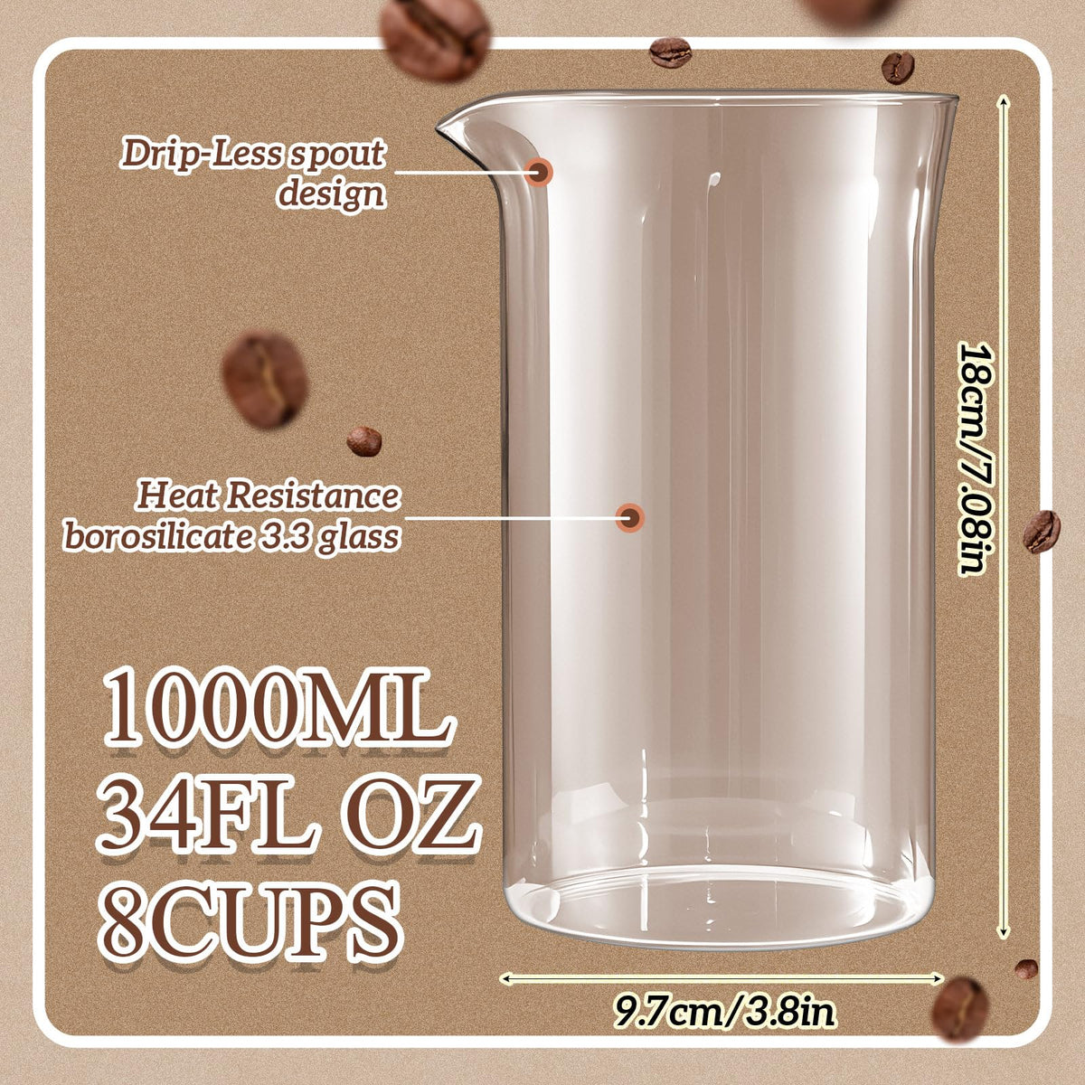 2 Pcs Borosilicate Glass French Press Replacement, 34 oz T717220