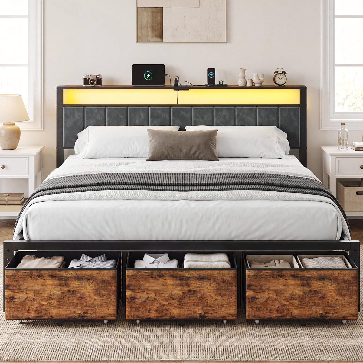 King Size Bed Frame with Storage Headboard and 3 Drawers M922