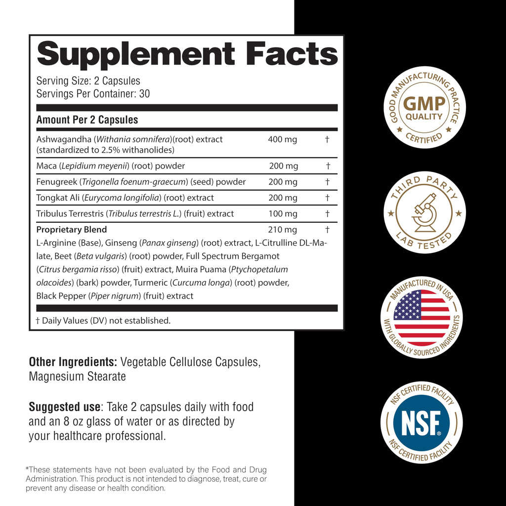 Maca Root Fenugreek Ashwagandha L-Arginine Ginseng Muira Puama Herbal Supplement 60 Capsules G666