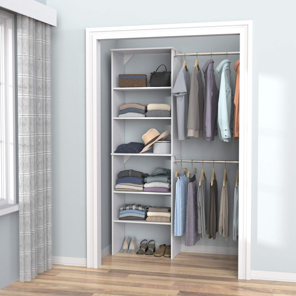 Wood Closet Organizer System with Tower and 3 Hang Rods and Shelving L9096