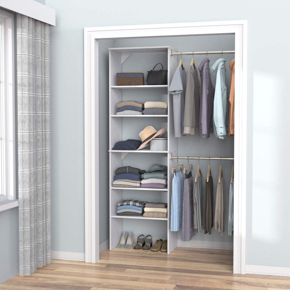 Wood Closet Organizer System with Tower and 3 Hang Rods and Shelving L9096