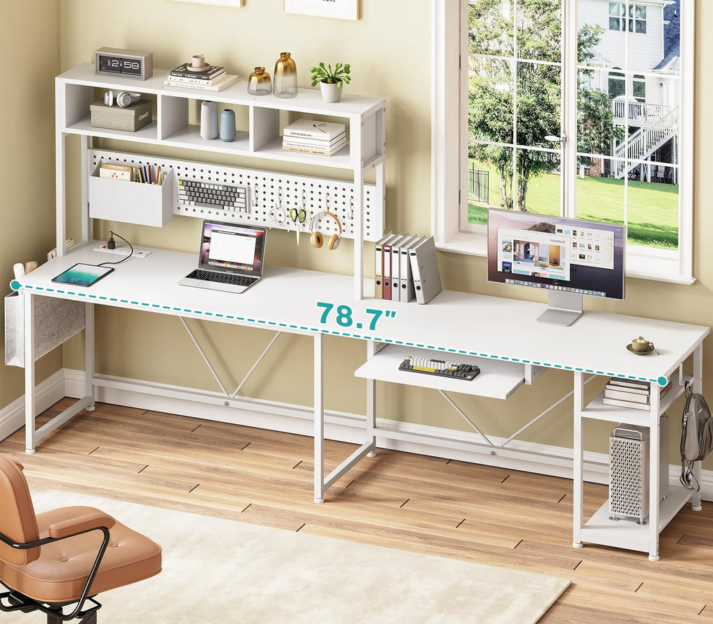 White L Shaped Office Desk with Power Outlet and Storage Shelves S22573