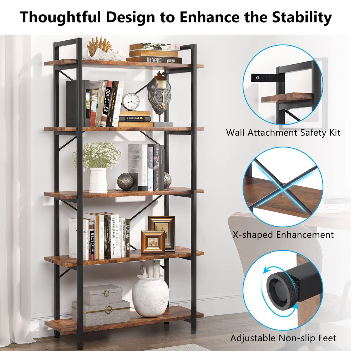 5 Tier Industrial Bookshelf with Metal Frame M7212