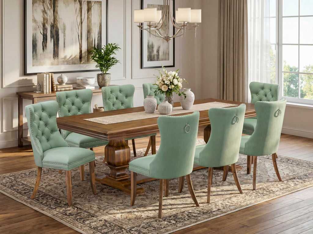 9 Piece Mid-century Dining Table Set with 8 Willow Green Polyester Chairs H9261