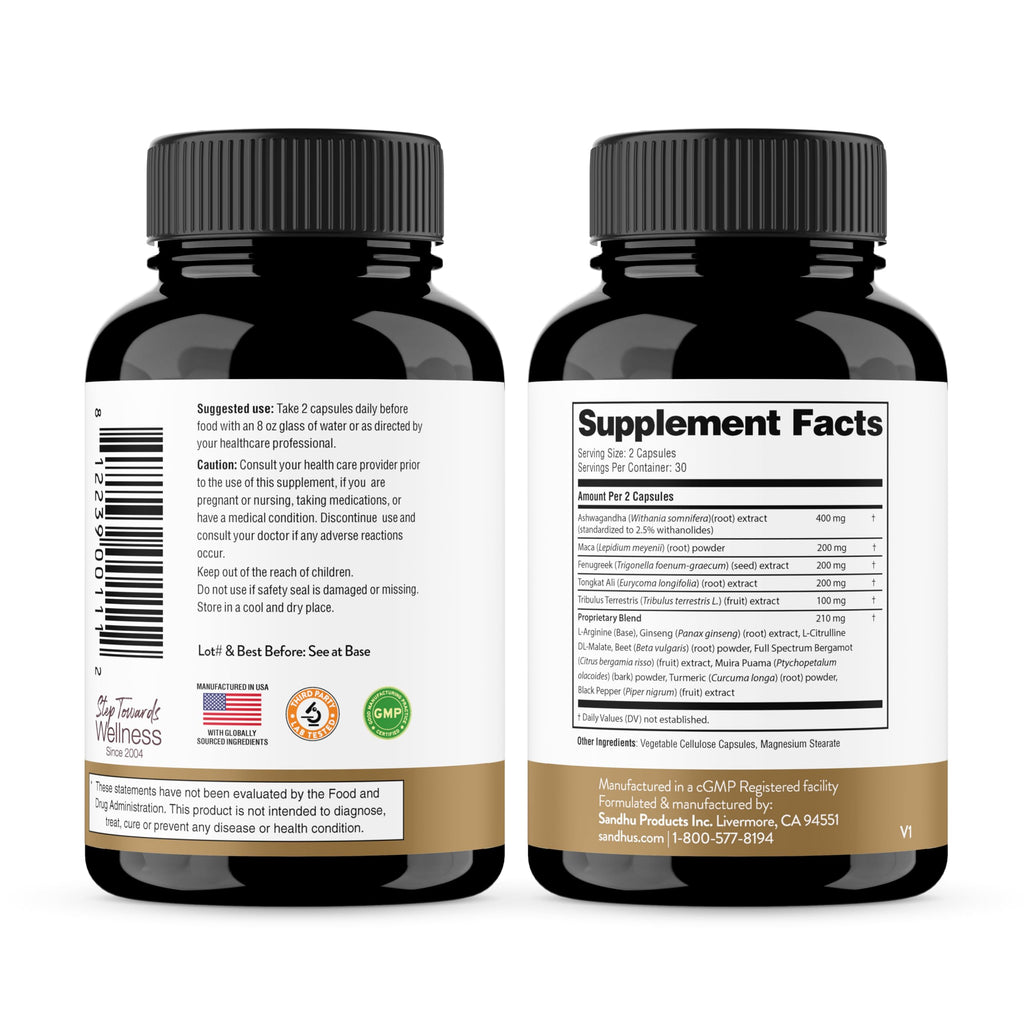 Maca Root Fenugreek Ashwagandha L-Arginine Ginseng Muira Puama Herbal Supplement 60 Capsules G666