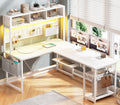 White L Shaped Office Desk with Power Outlet and Storage Shelves S22573