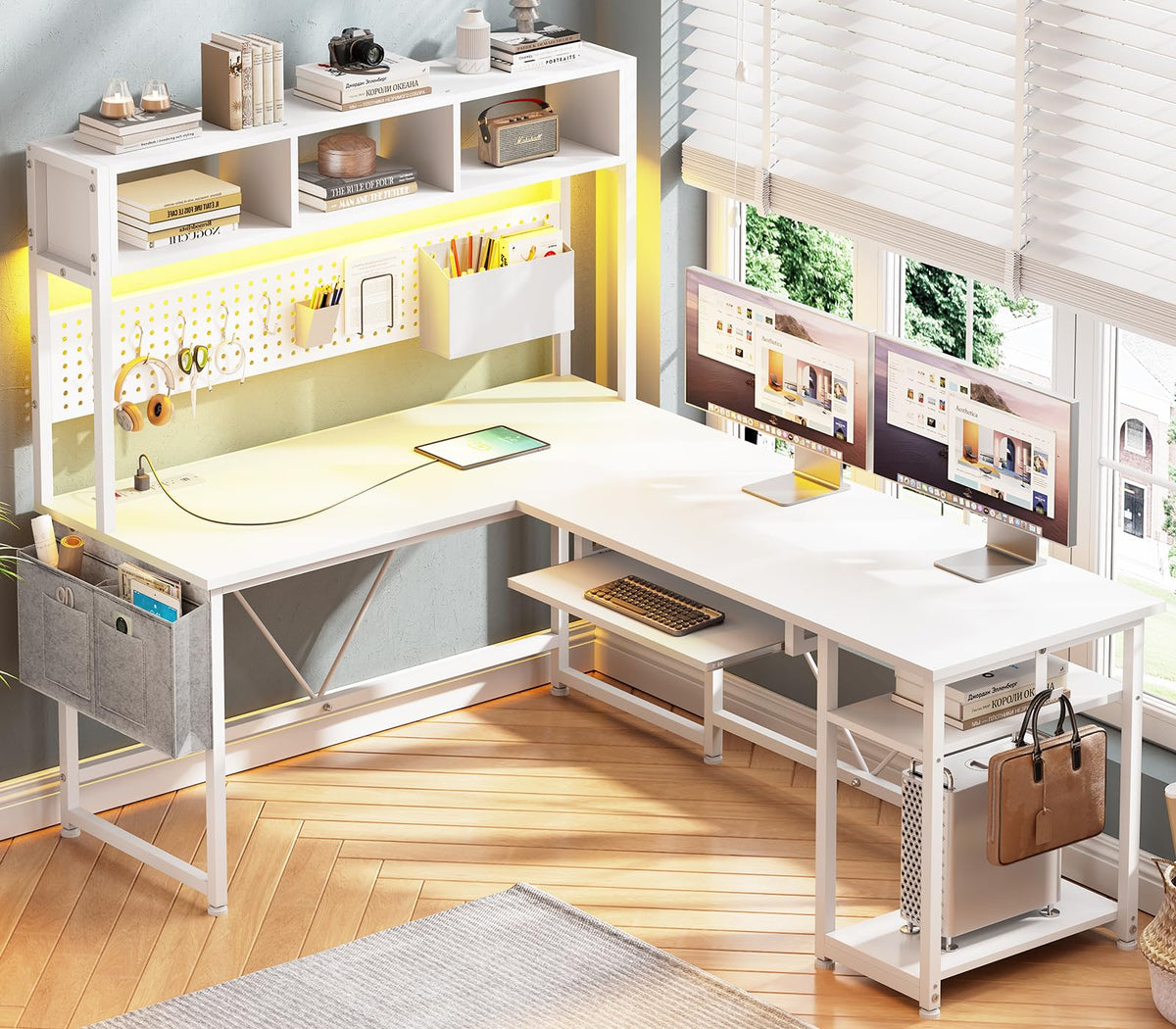 White L Shaped Office Desk with Power Outlet and Storage Shelves S22573