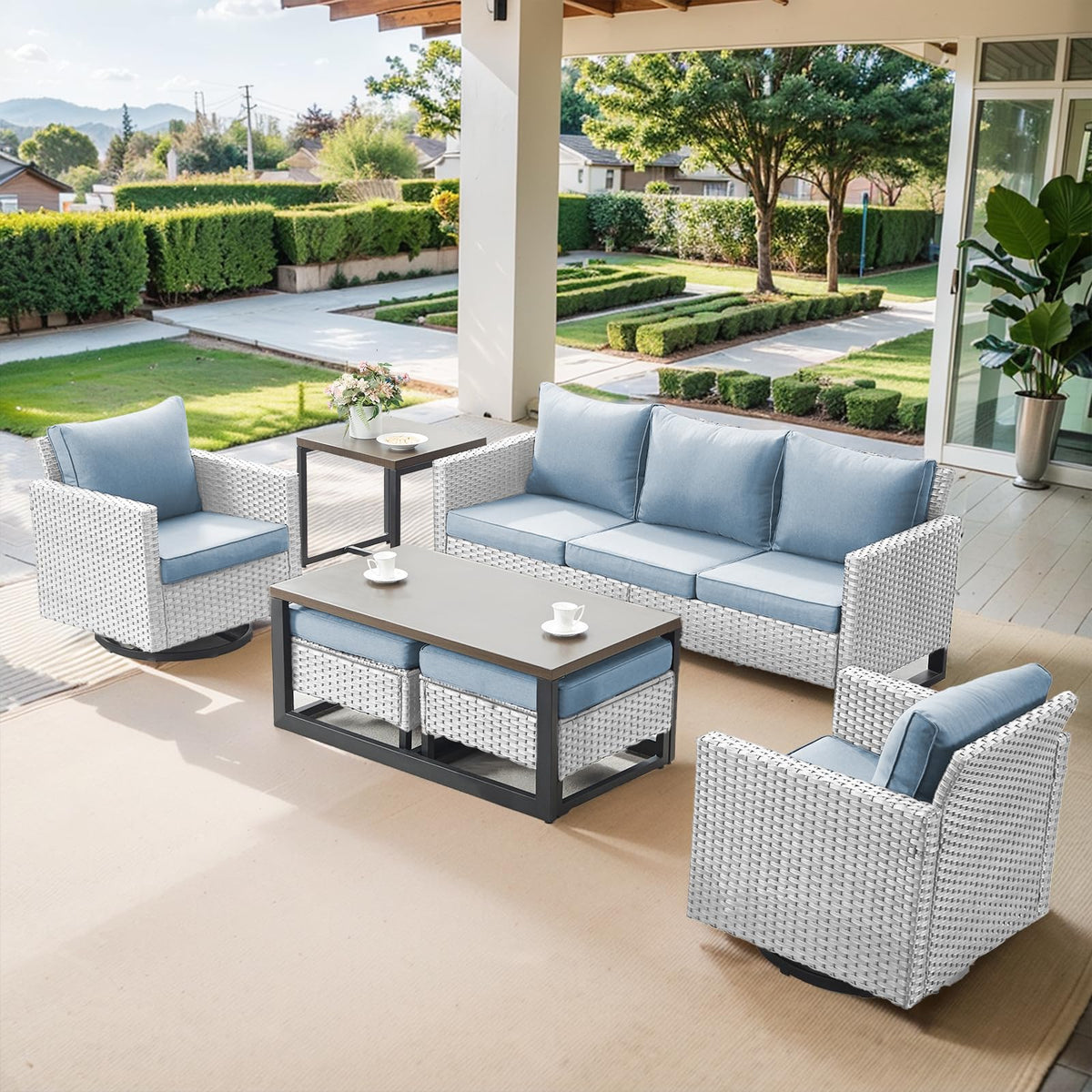7 Piece Wicker Patio Sofa Set with Swivel Rocker Chairs and Ottomans H755