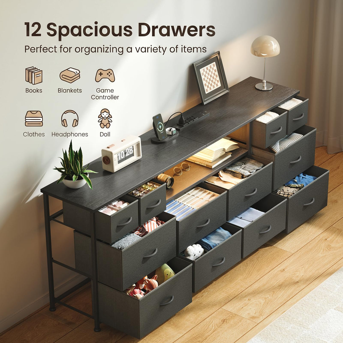 63 Inch 12 Drawer Black Dresser N1941