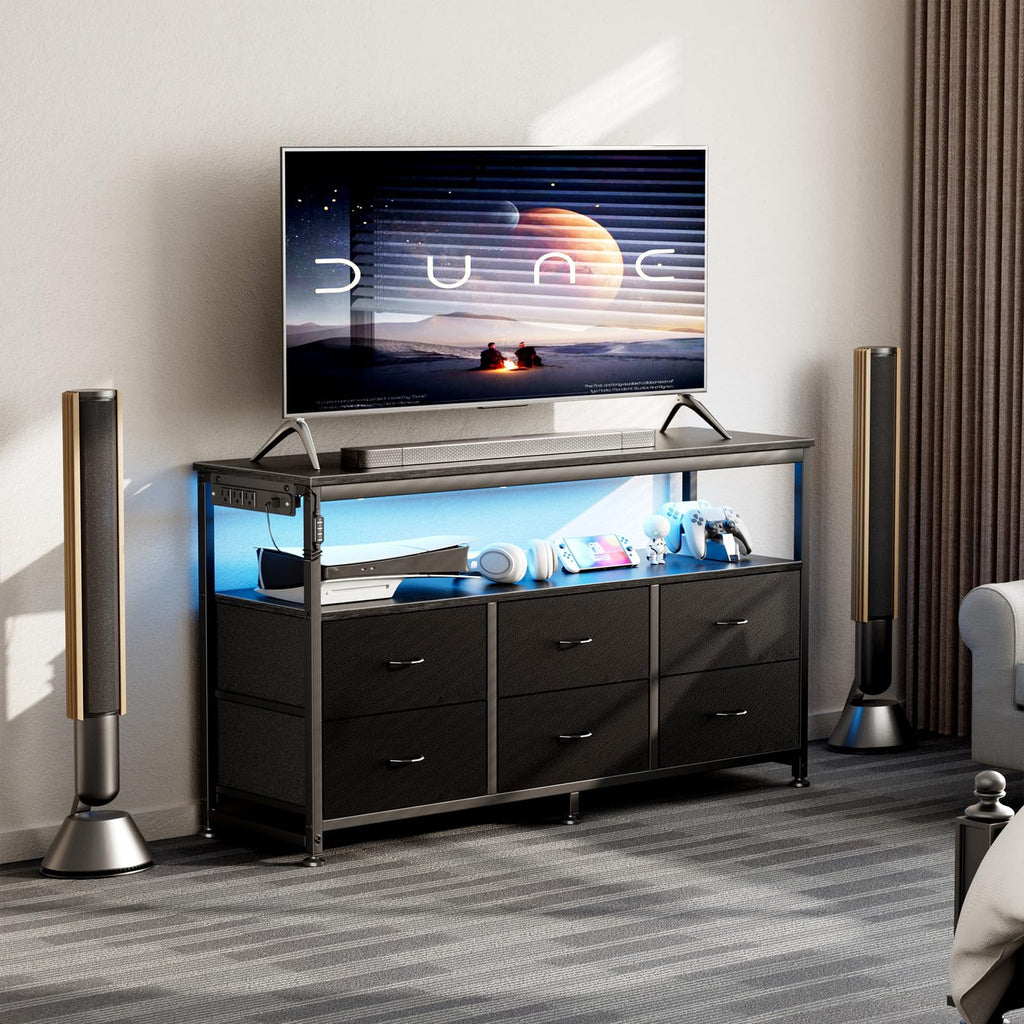 Black Dresser TV Stand with 6 Fabric Drawers Y592689