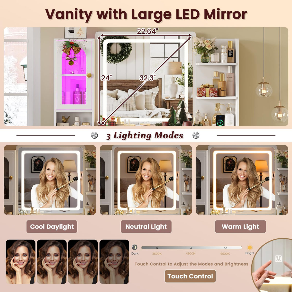 White Vanity Desk with Mirror and LED Lights F840
