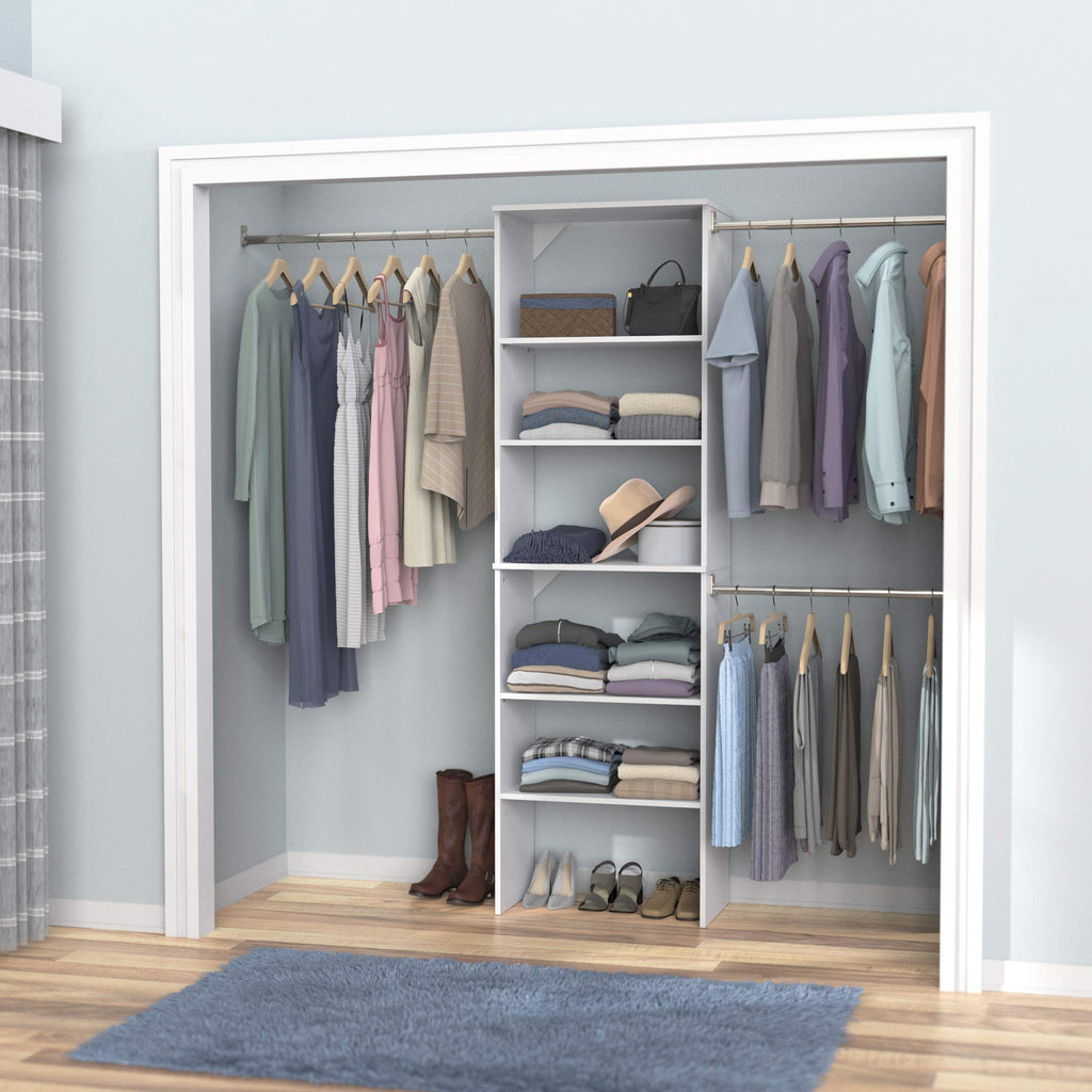 Wood Closet Organizer System with Tower and 3 Hang Rods and Shelving L9096