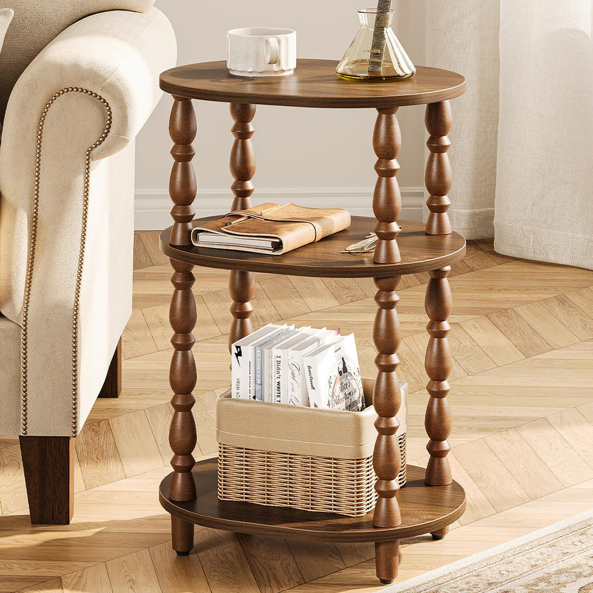 3-Tier Oval Wood Side Table with Storage Shelf B389