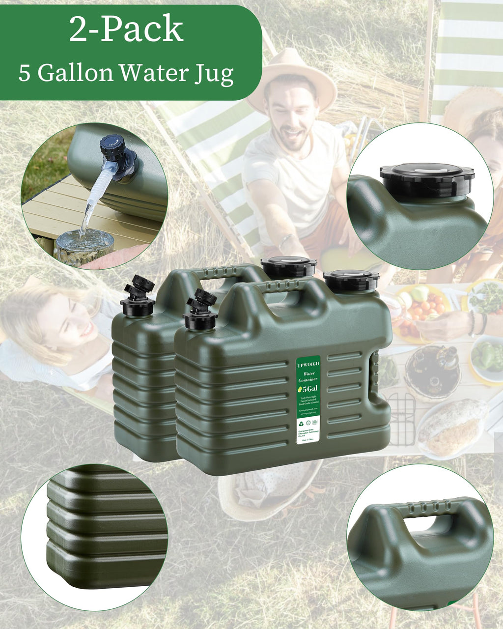 5 Gallon Camping Water Jug with Spigot, Military Green, 2 Pack Q611