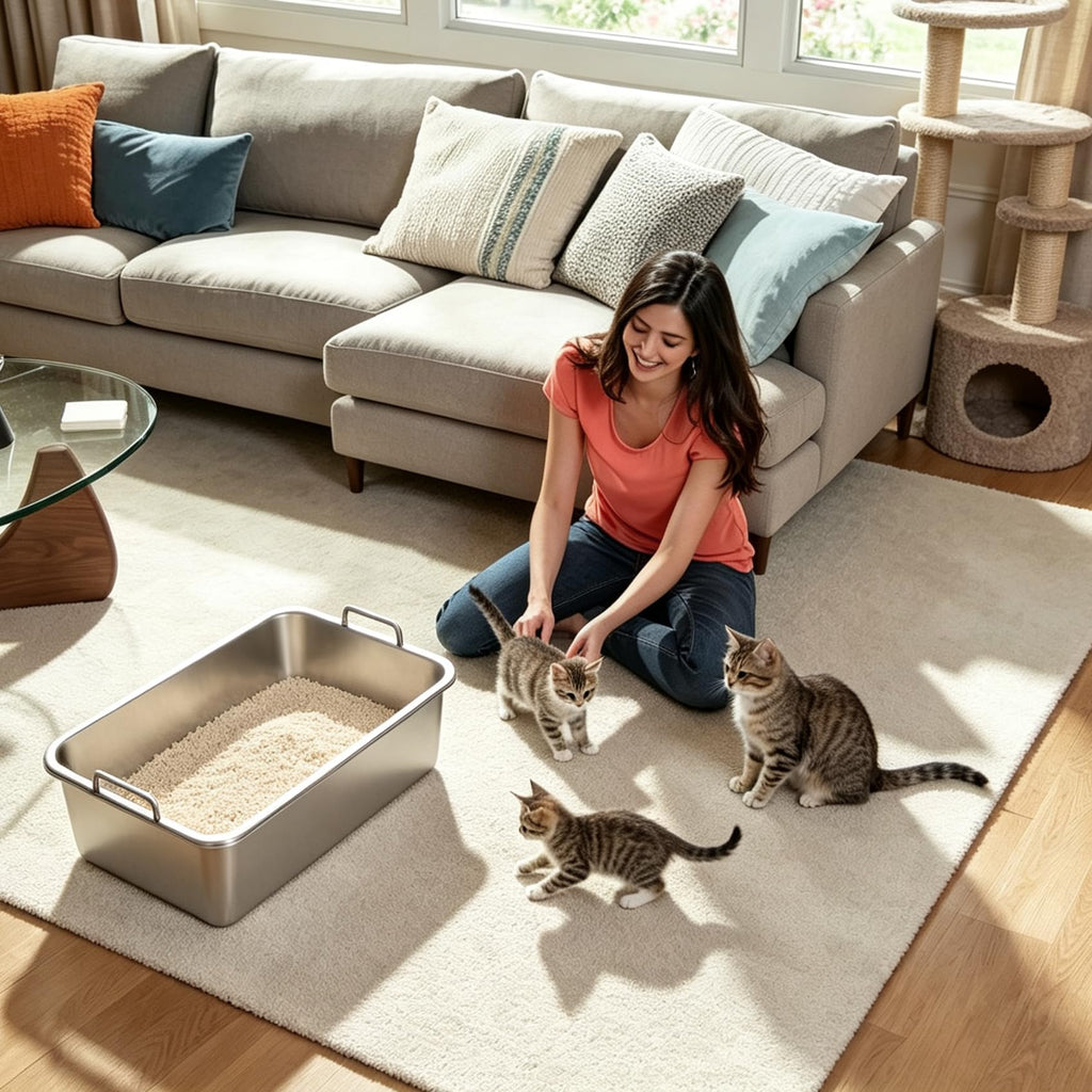 Extra Large Stainless Steel Sifting Cat Litter Box with Dual Handles Y897119